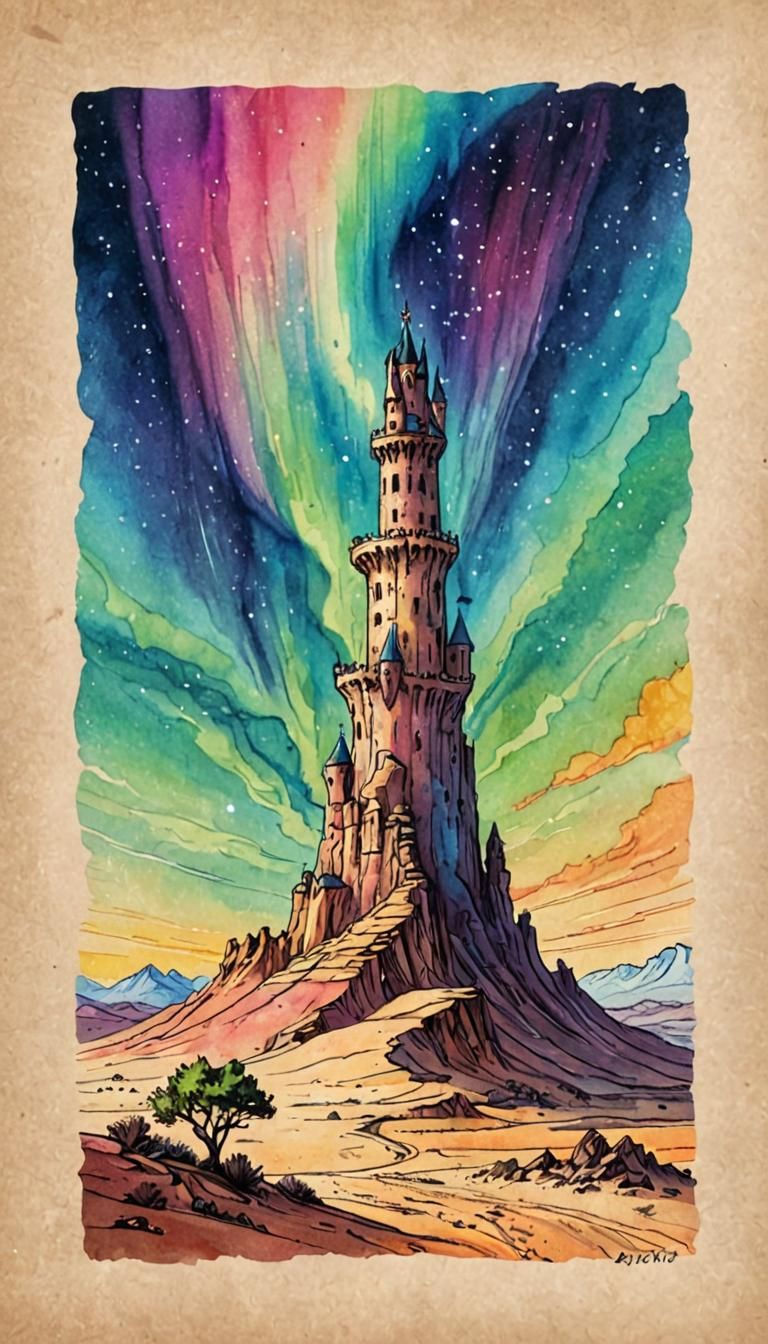 Glass Mage Tower Under Aurora Skies, Ink Drawing