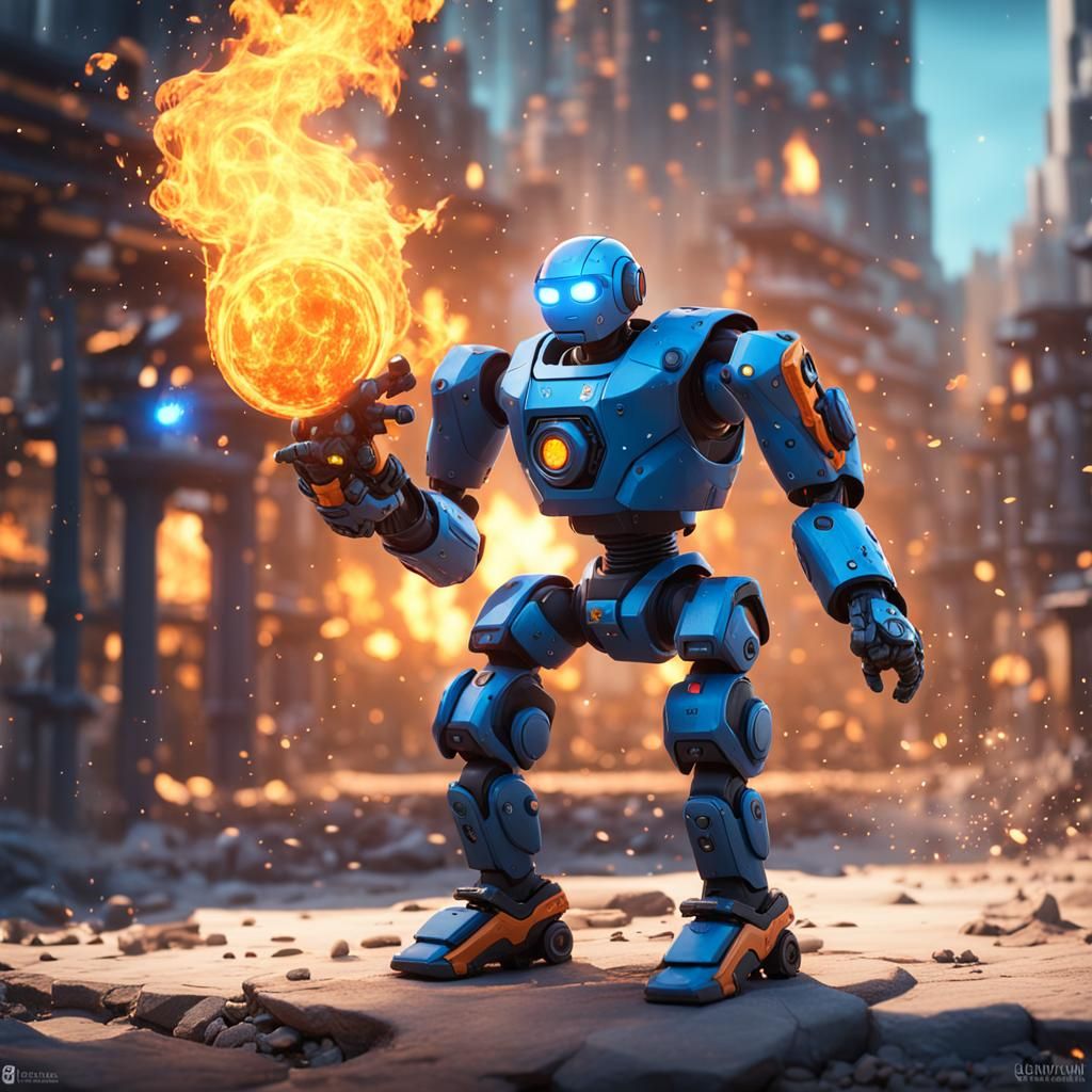 Humanoid robot with a flamethrower, nightcafestudio game bot...