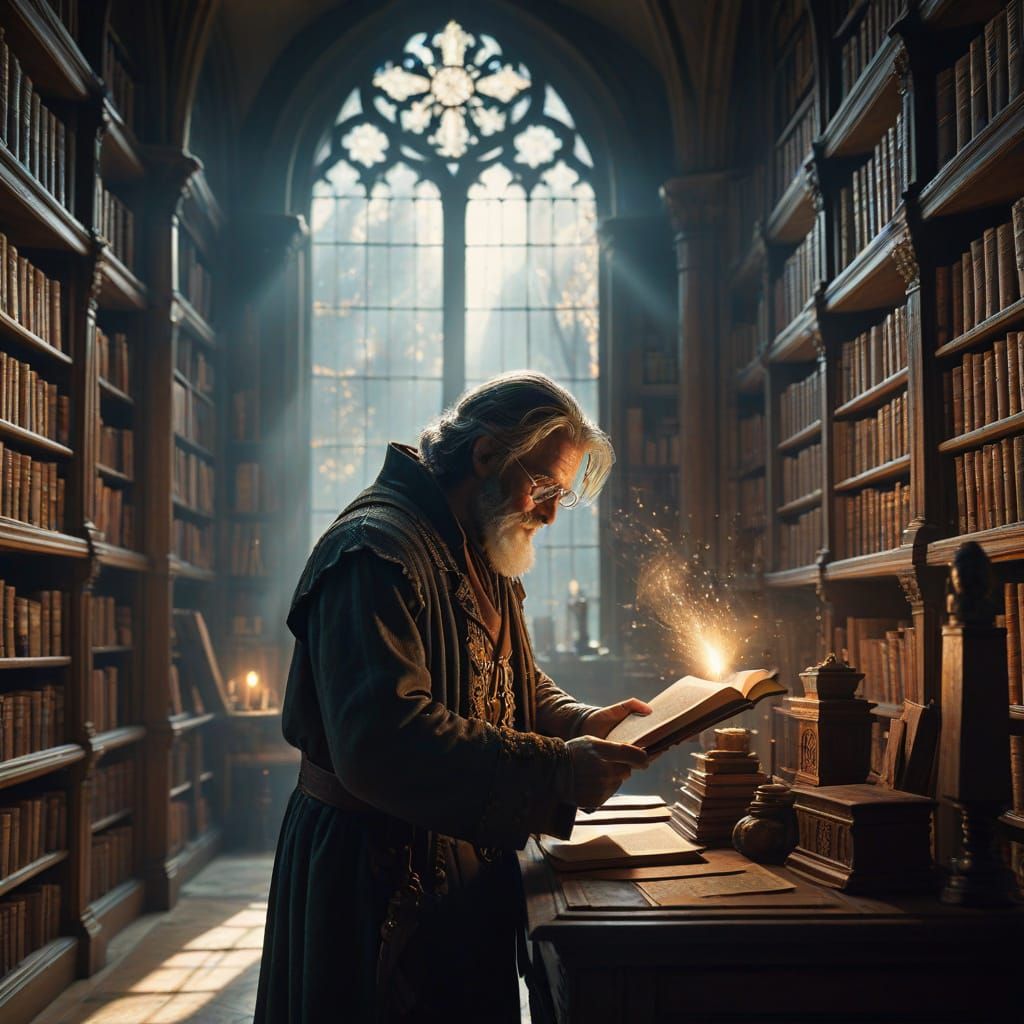 Scholar Uncovers Library's Secrets in Hyperrealistic Style