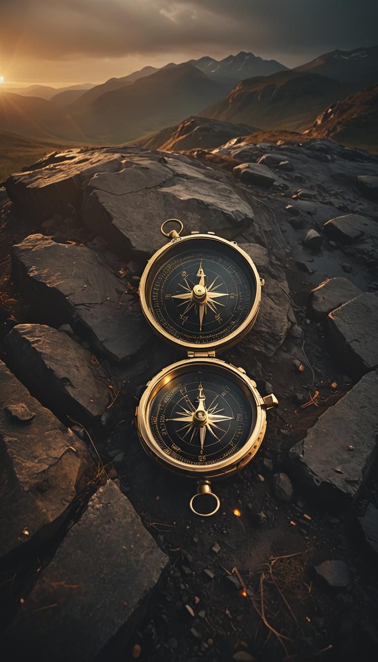 Mystical Compass Points North in Golden Light