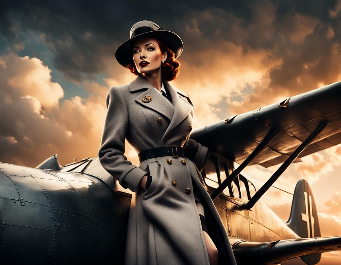 Pinup Girl Poses on Airplane Wing in Photorealistic Art