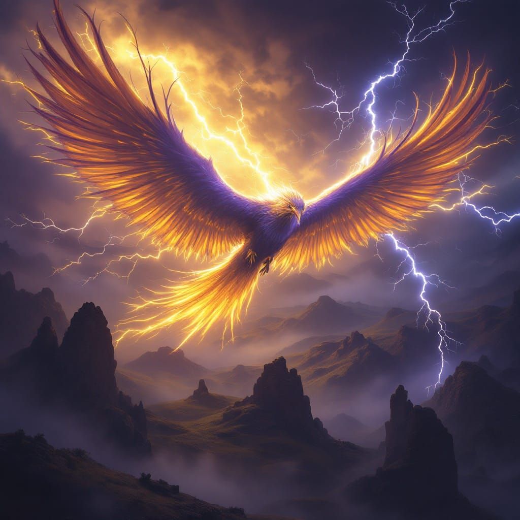Majestic Thunderbird Soars Over Stormy Plains in Dark Fantas...