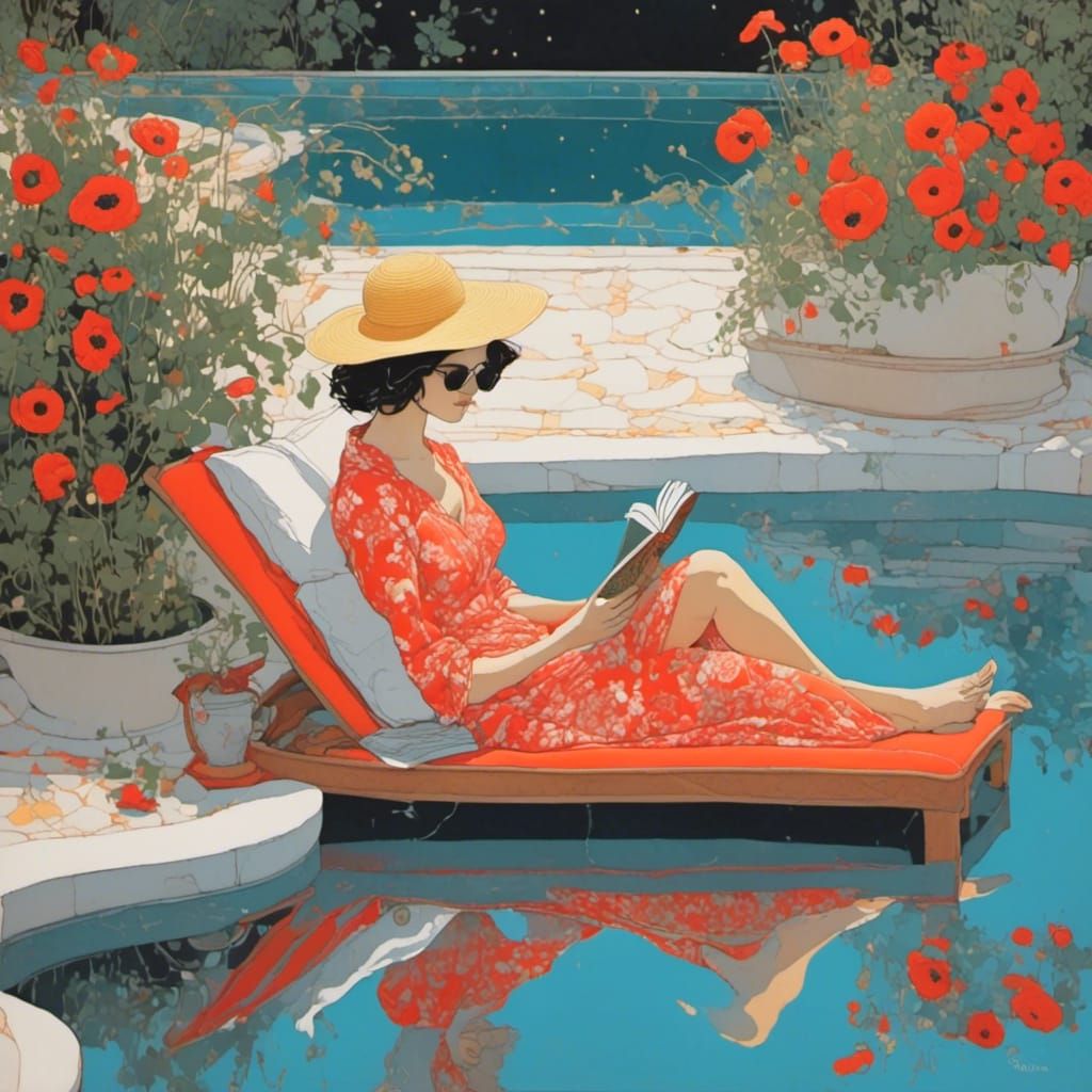 Woman Reading by Pool in Palekh Style