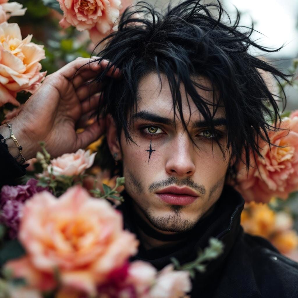 Gothic Man Surrounded by Flowers: Digital Portrait