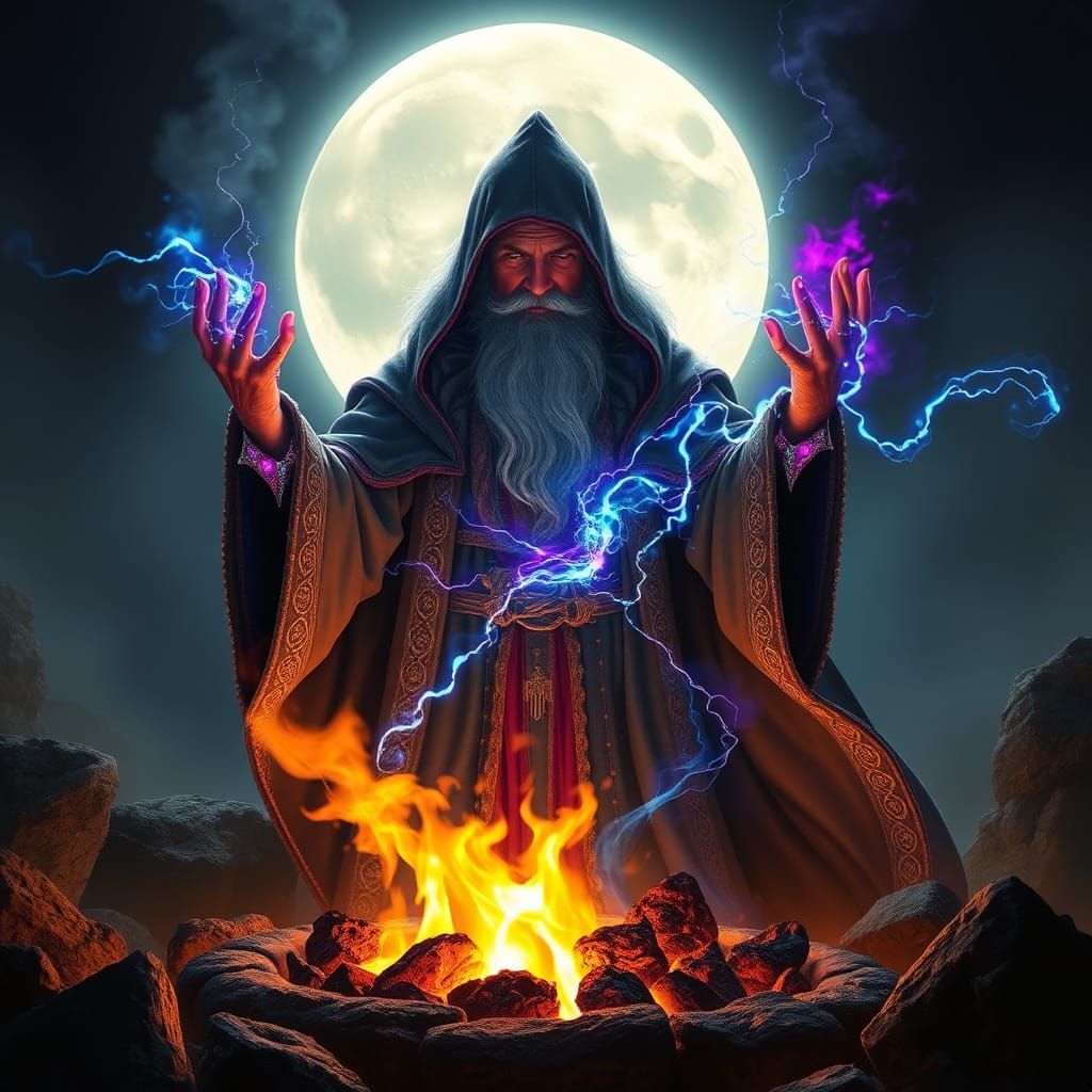 Mystical Wizard Conjuring Energy in Moonlight