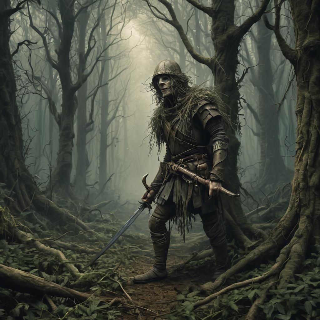 Dark Fantasy Puppet Soldier in Eerie Forest