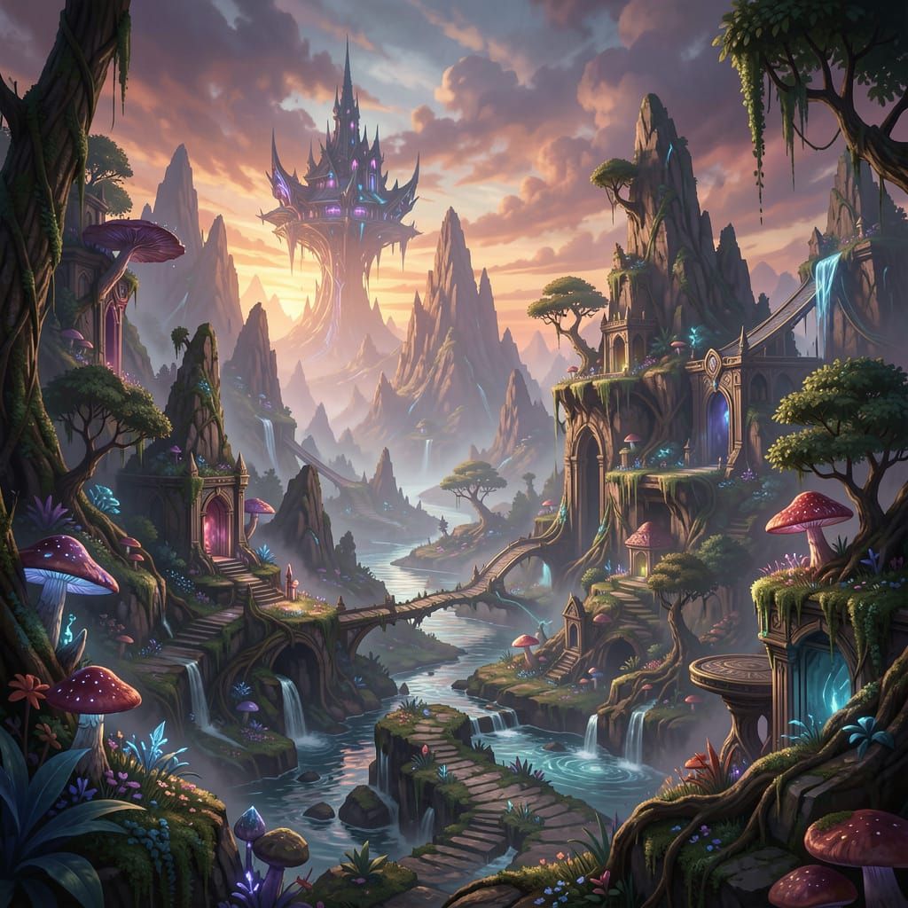 Majestic Fantasy Landscape in Deep, Complementary Colors