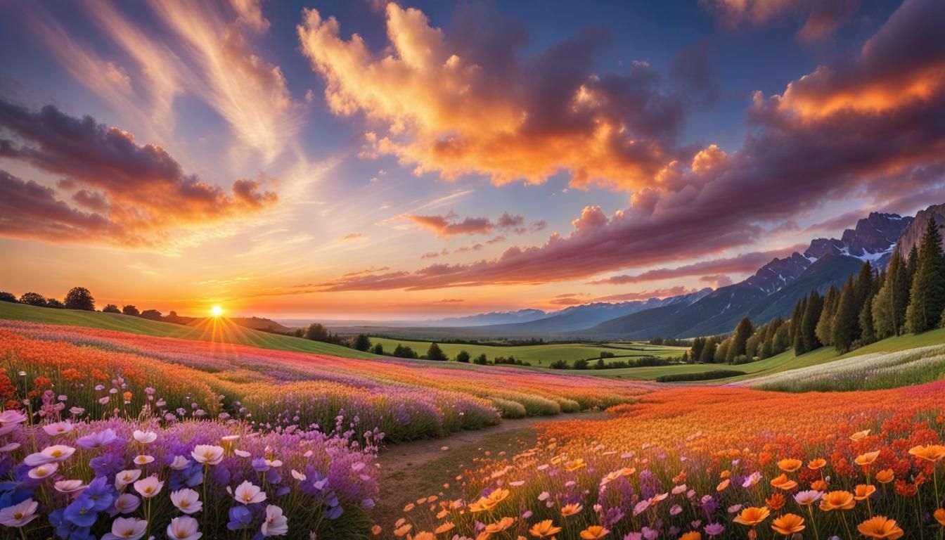 Beautiful Flower Field at Sunset