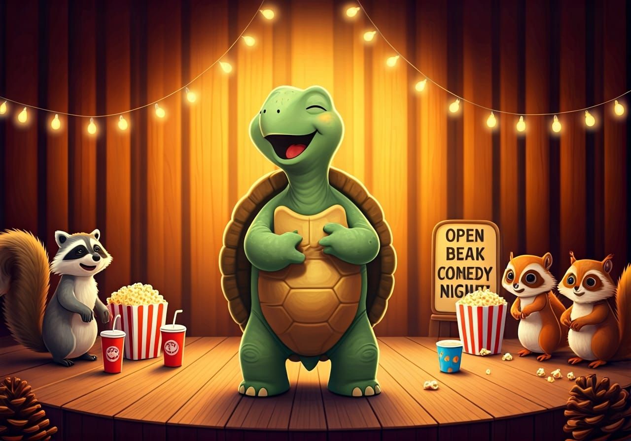 Turtle Comedian on Stage in Cartoon Style