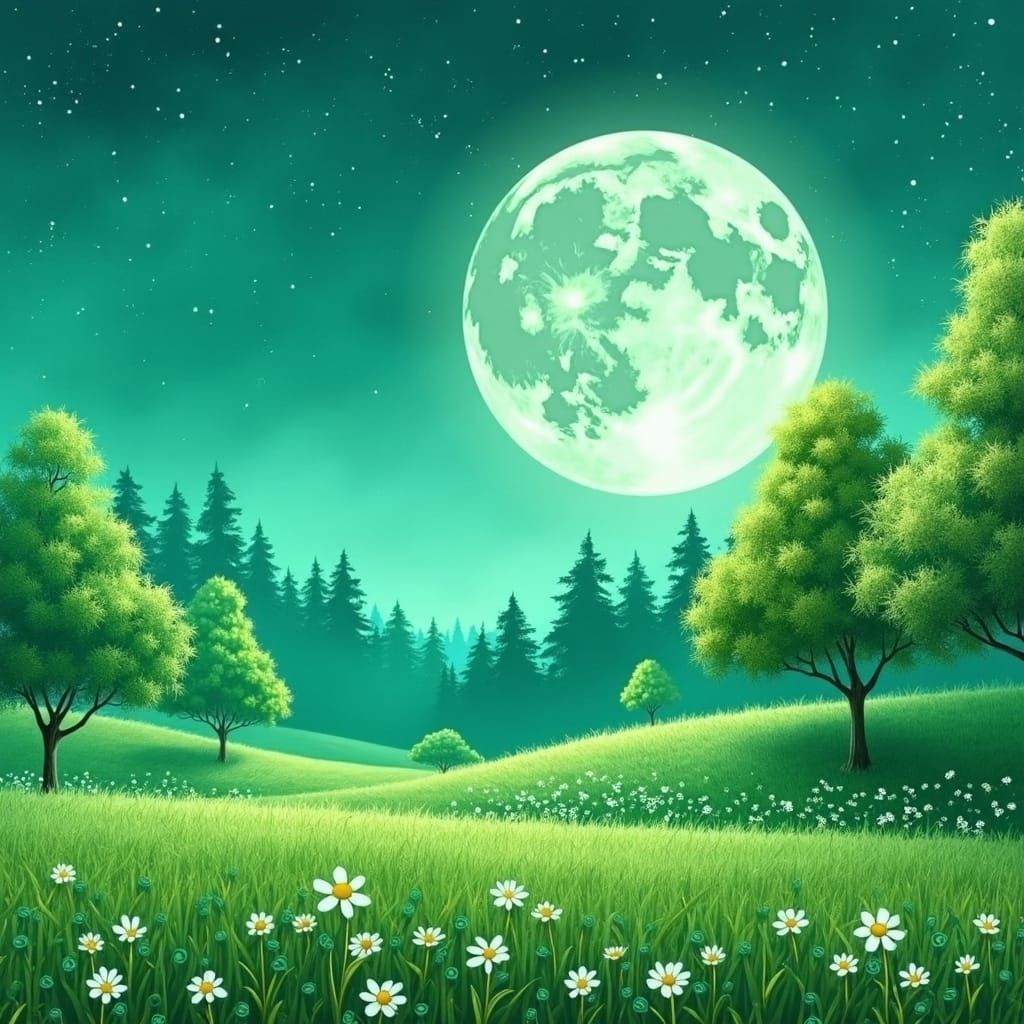 Moonlit Green Field: A Nighttime Landscape