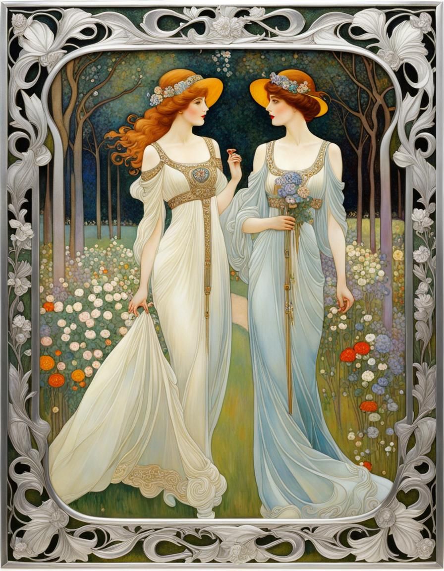 Elegant Women in Park: Art Nouveau Style