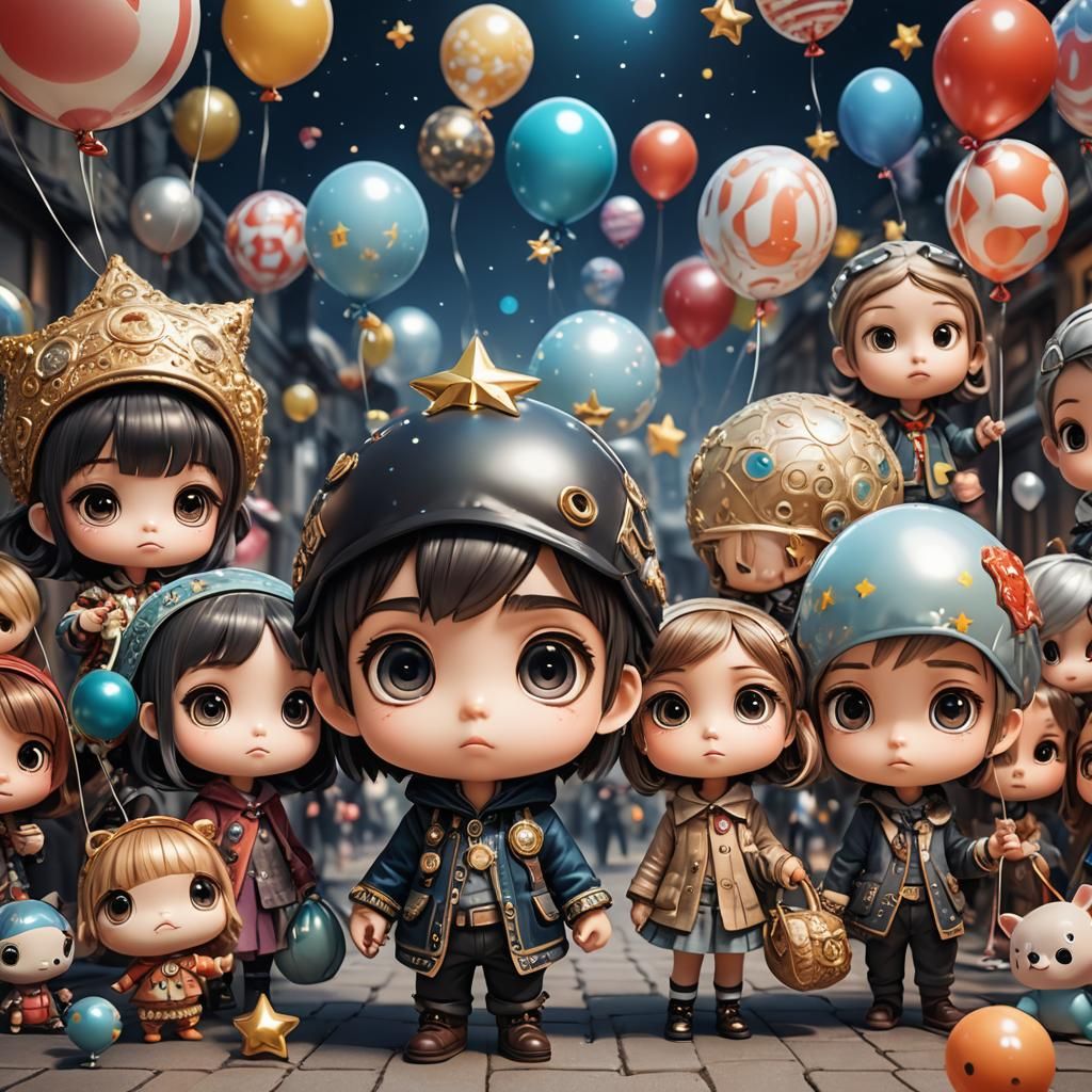 Charming Chibi Characters with Stars and Balloons