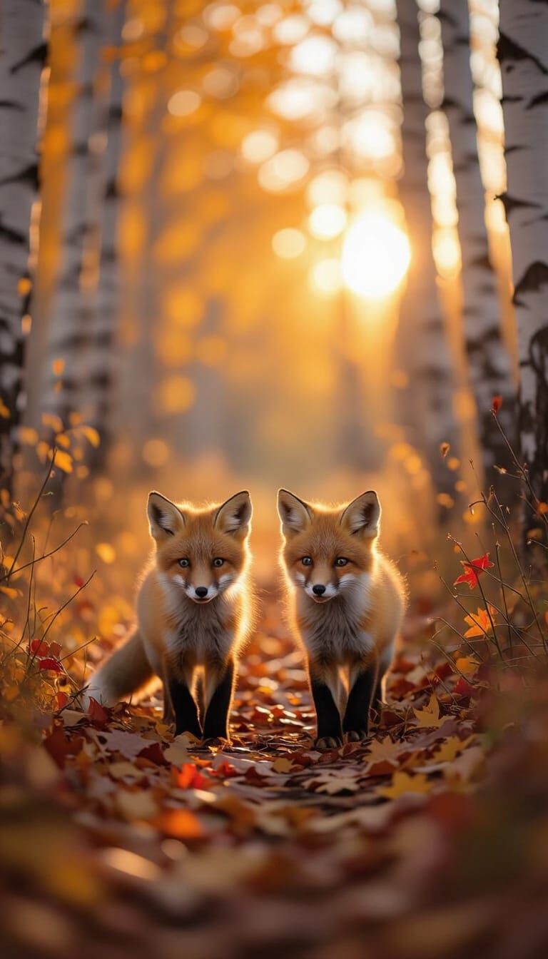 Baby Foxes Autumn Stroll in Birch Forest