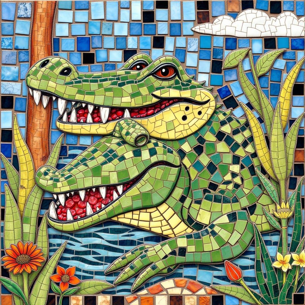 Mosaic Masterpiece of a Happy Giant Crocodile in Nature