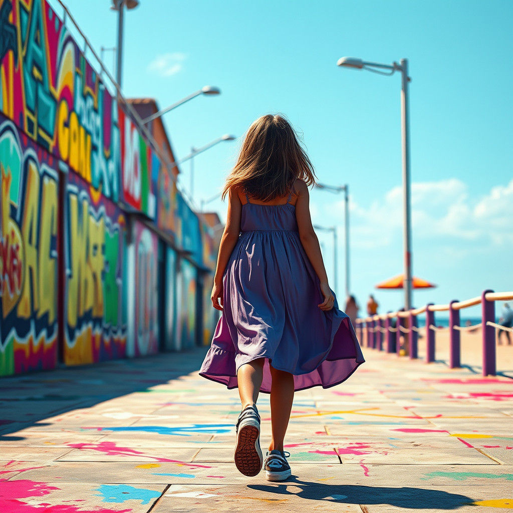 Girl on Colorful Beach Promenade in Street Art Style