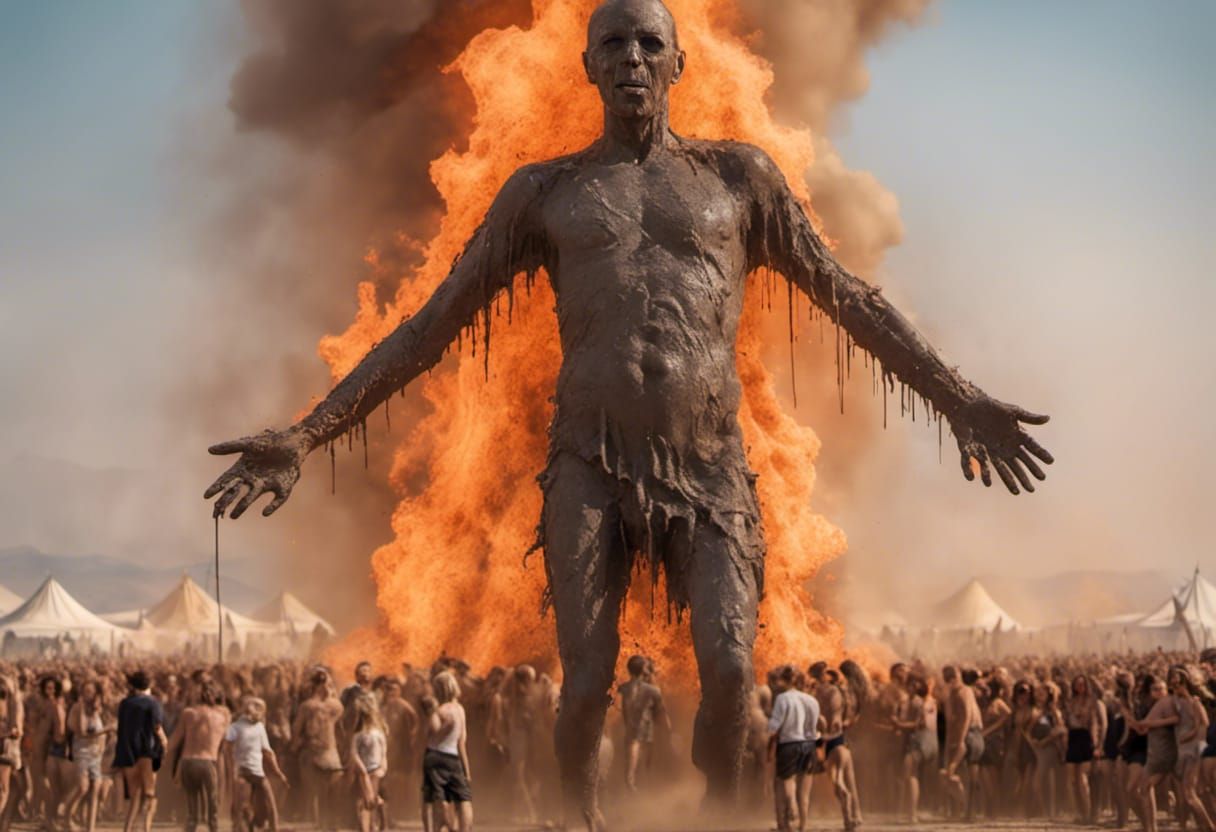 Muddy Burning Man Celebrating with His Little Friends