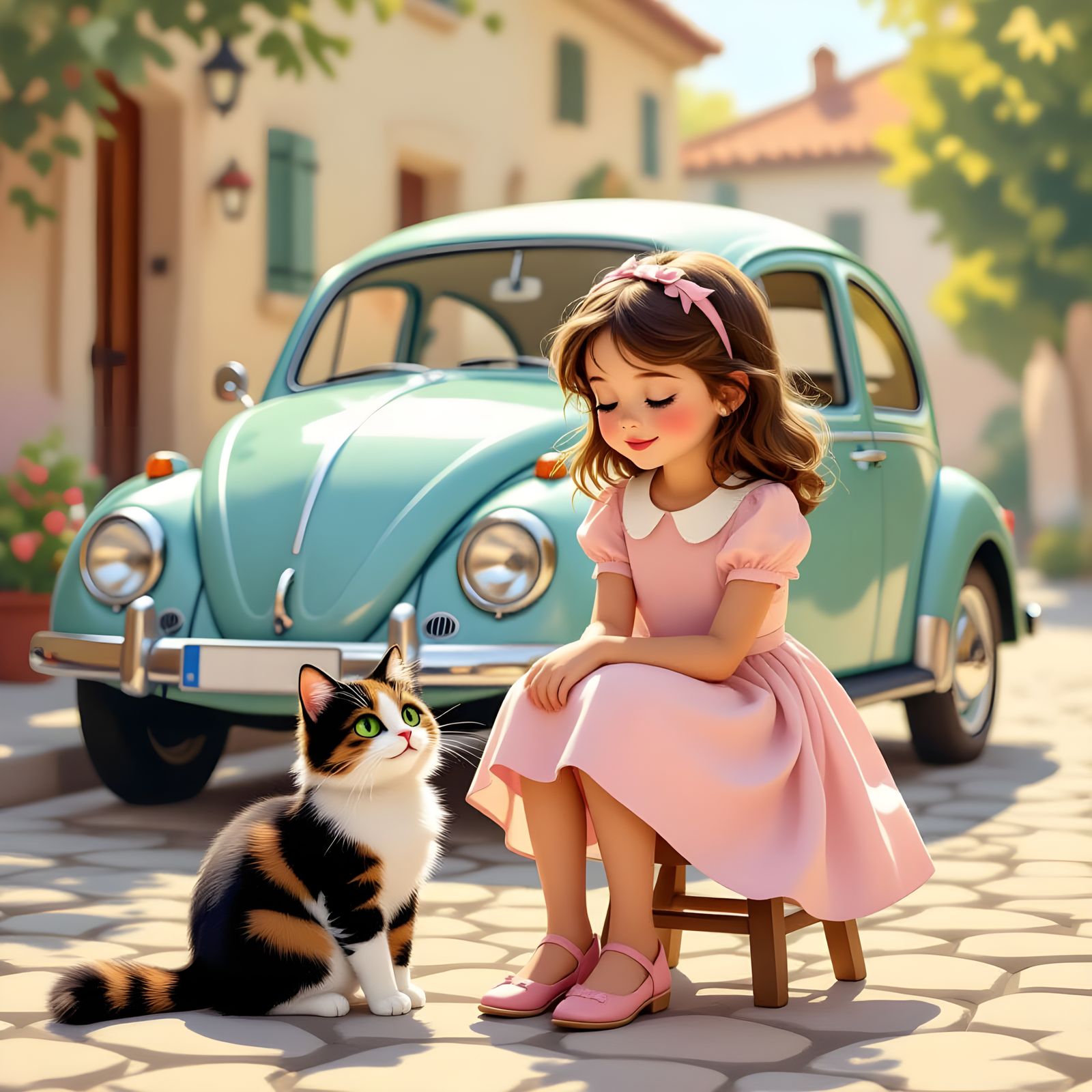 Girl and Cat with Vintage Car in Storybook Style