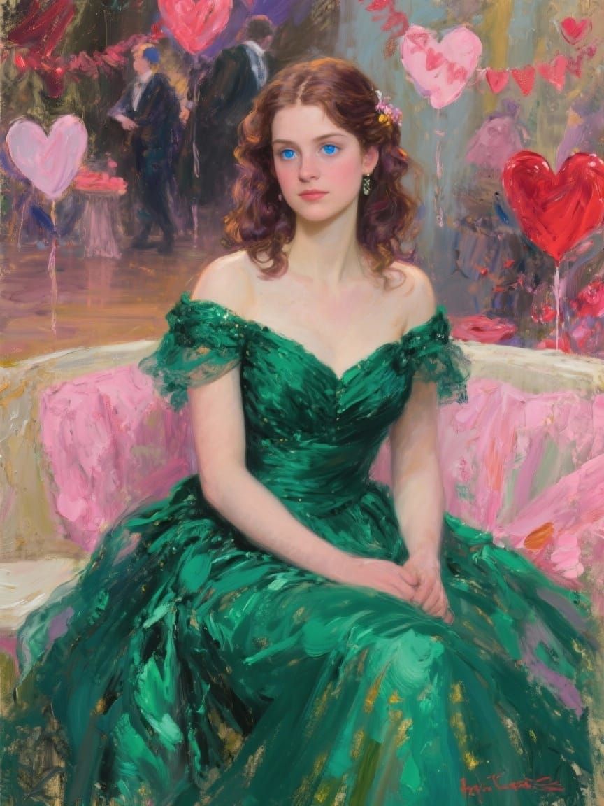 Elegant Woman in Emerald Gown at Valentine's Dance