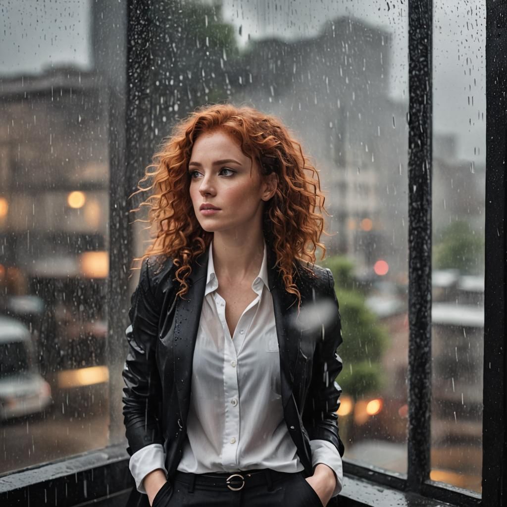 Redhead Woman Gazing at Rain, Lost in Thought