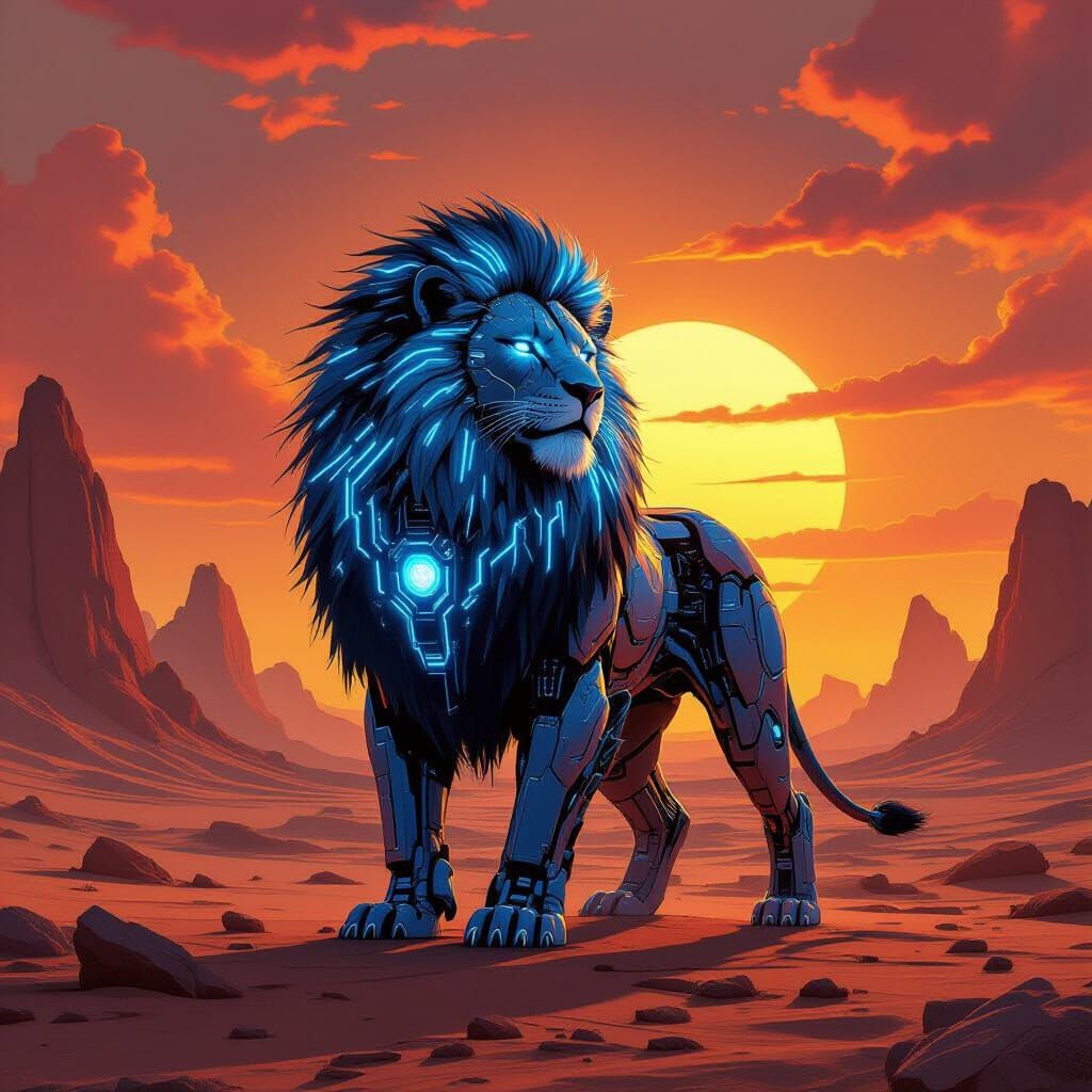 Cybernetic Lion Guards Alien Planet Under Binary Sunset
