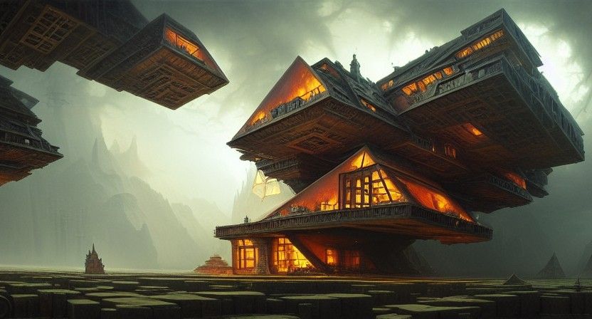 Floating Pyramid Cube Treasure Pod House in Dark Fantasy