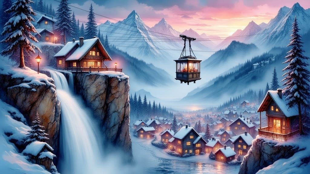 Whimsical Cable Car Above Swiss Alps Village