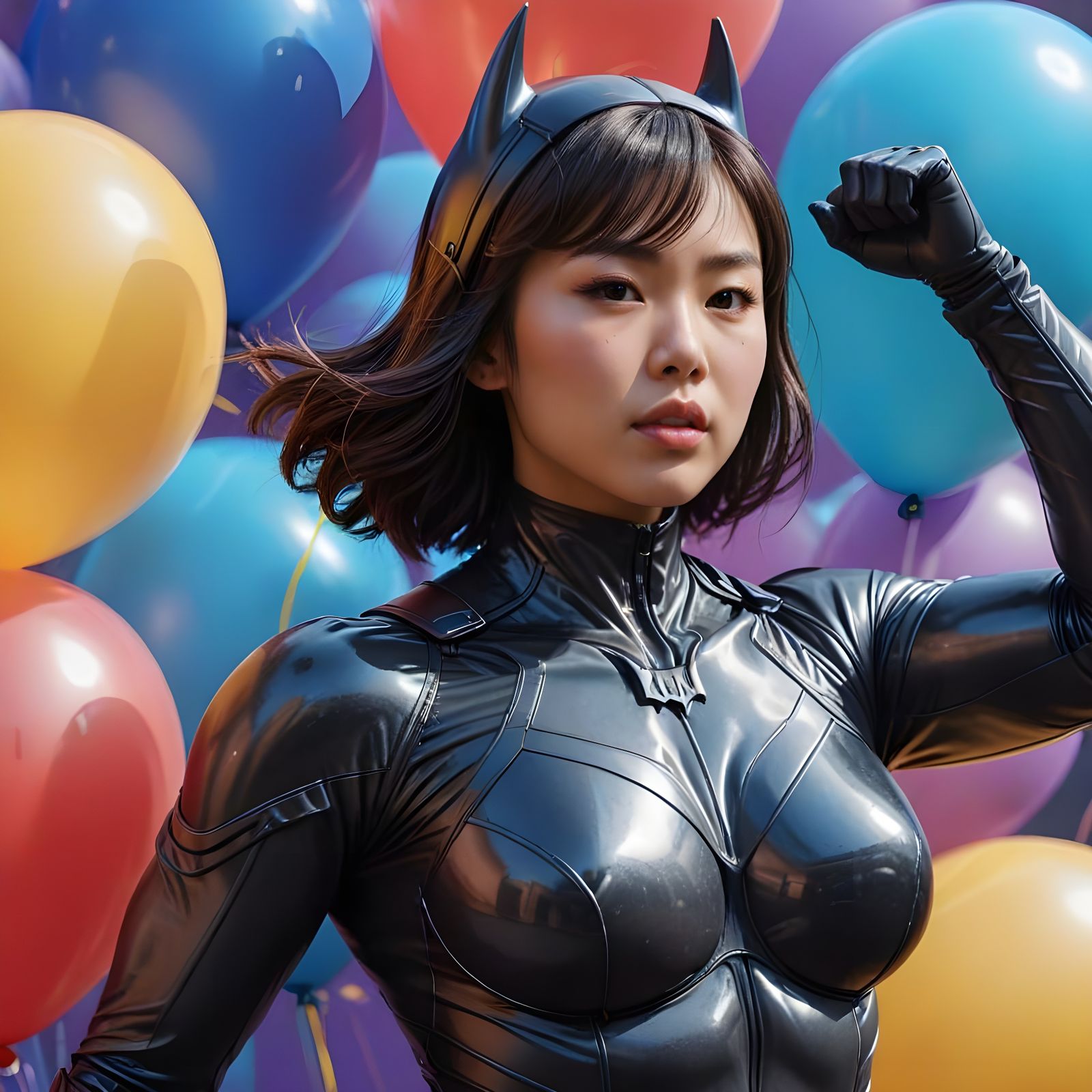 Muscular Batwoman Flexing in Rubber Suit, Hyperrealistic Sty...