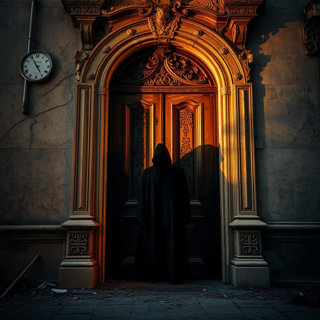 Mysterious Figure Behind Decaying Facade in HDR