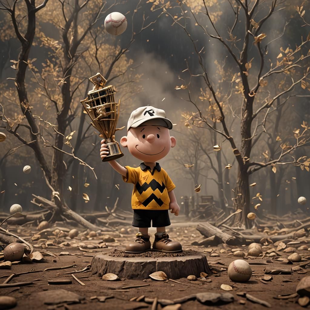 Charlie Brown Celebrates with Baseball Trophy