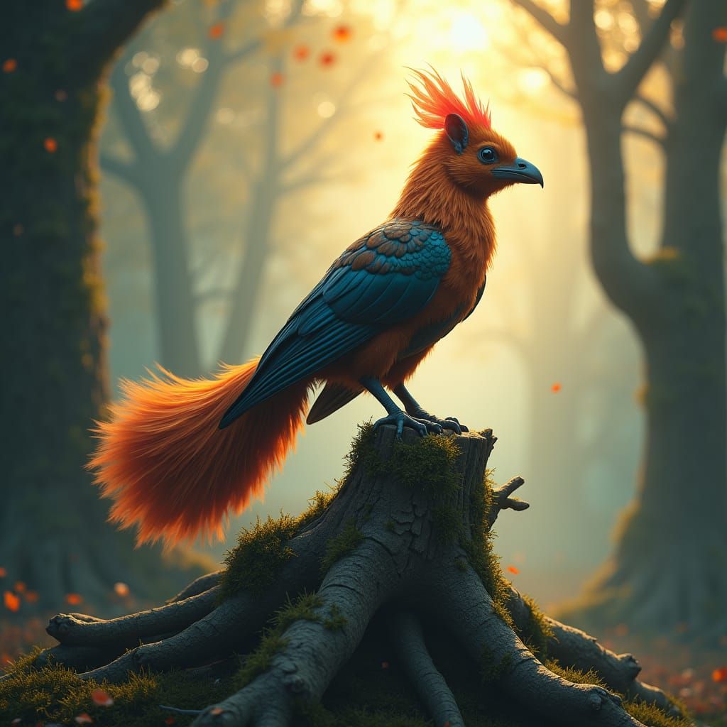 Mystical Squirrel-Raven-Rooster Creature in Fantasy Realm