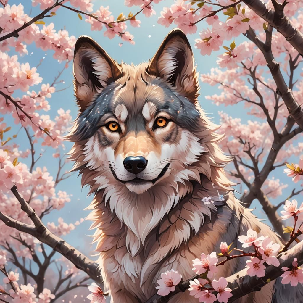 Cherry Blossom Wolf Portrait in Anime Style