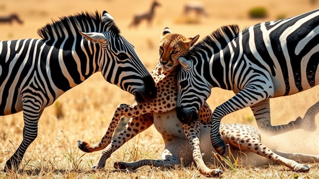 Cheetah Attack on Zebras in Savanna, Naturalistic Style