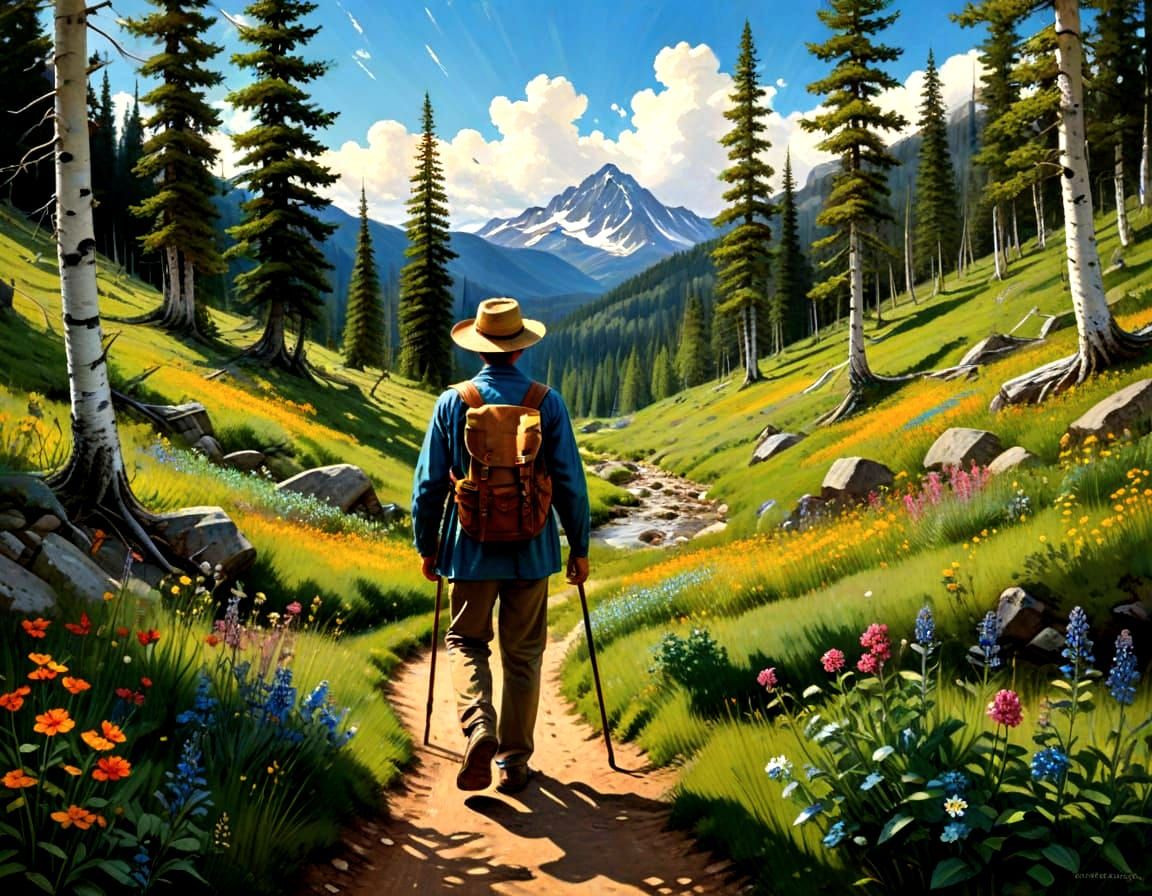 Serene Mountain Path in Impasto Gouache Style