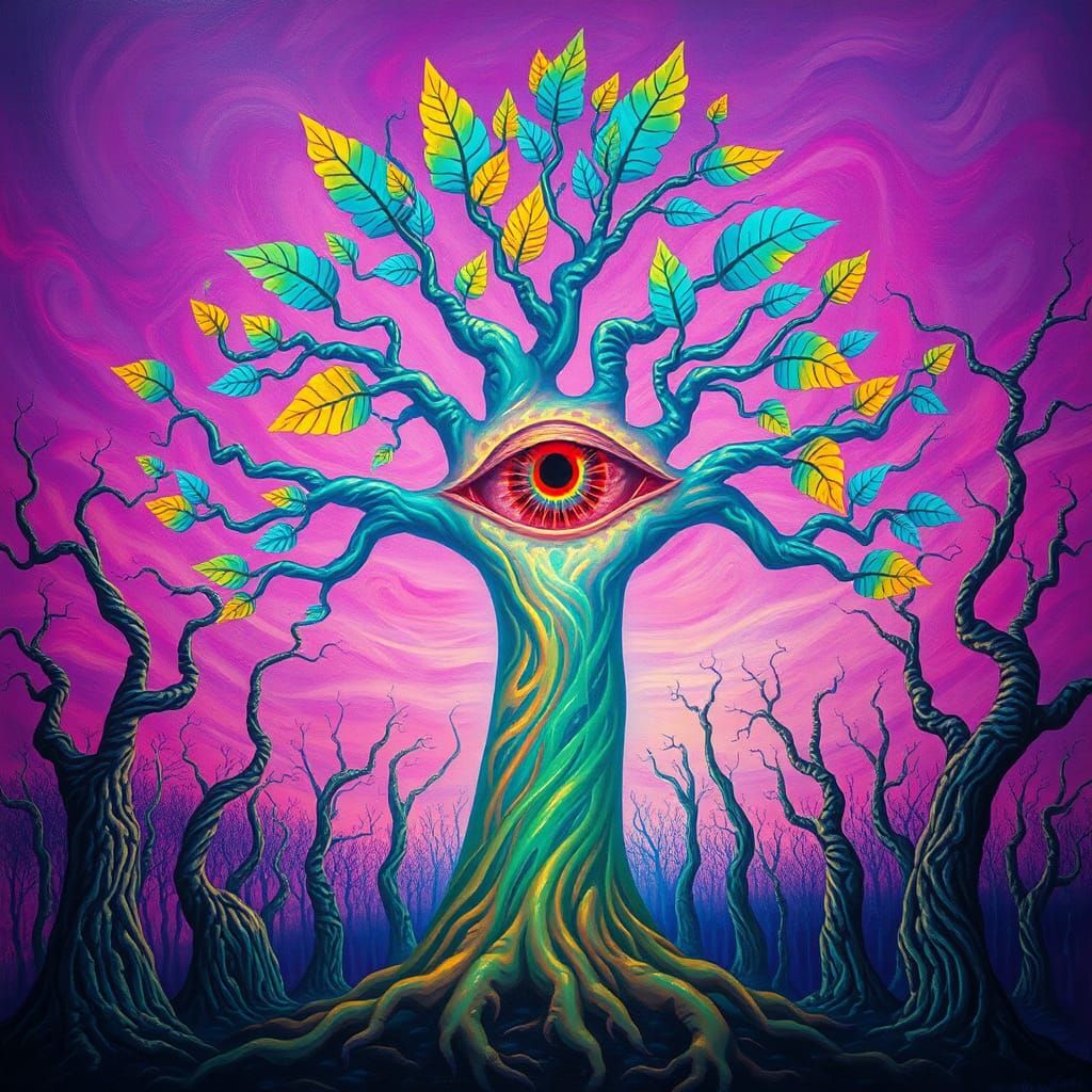 Psychedelic Tree with Fluorescent Eye in Surreal Forest