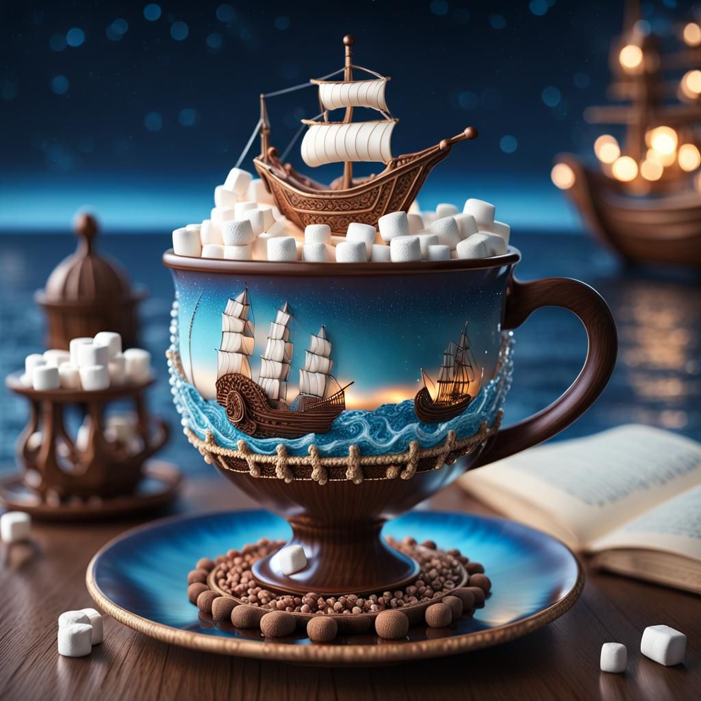 Intricate 3D Hot Chocolate Cup with Ship