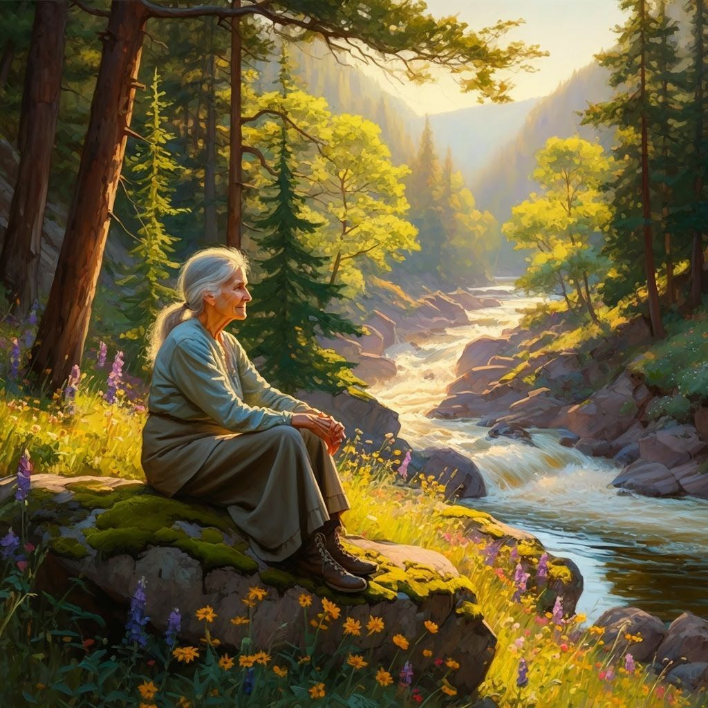 Woman Finds Peace in Sunlit Valley Landscape Painting