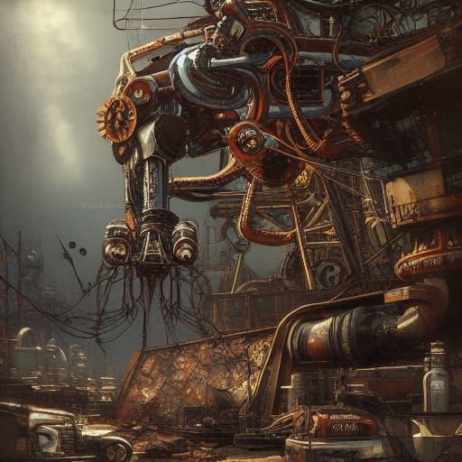 Depowered Robot at Gas Station in Junkpunk Style