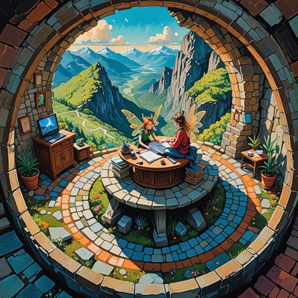 Gouache Painting of Fairy in Mountain Office