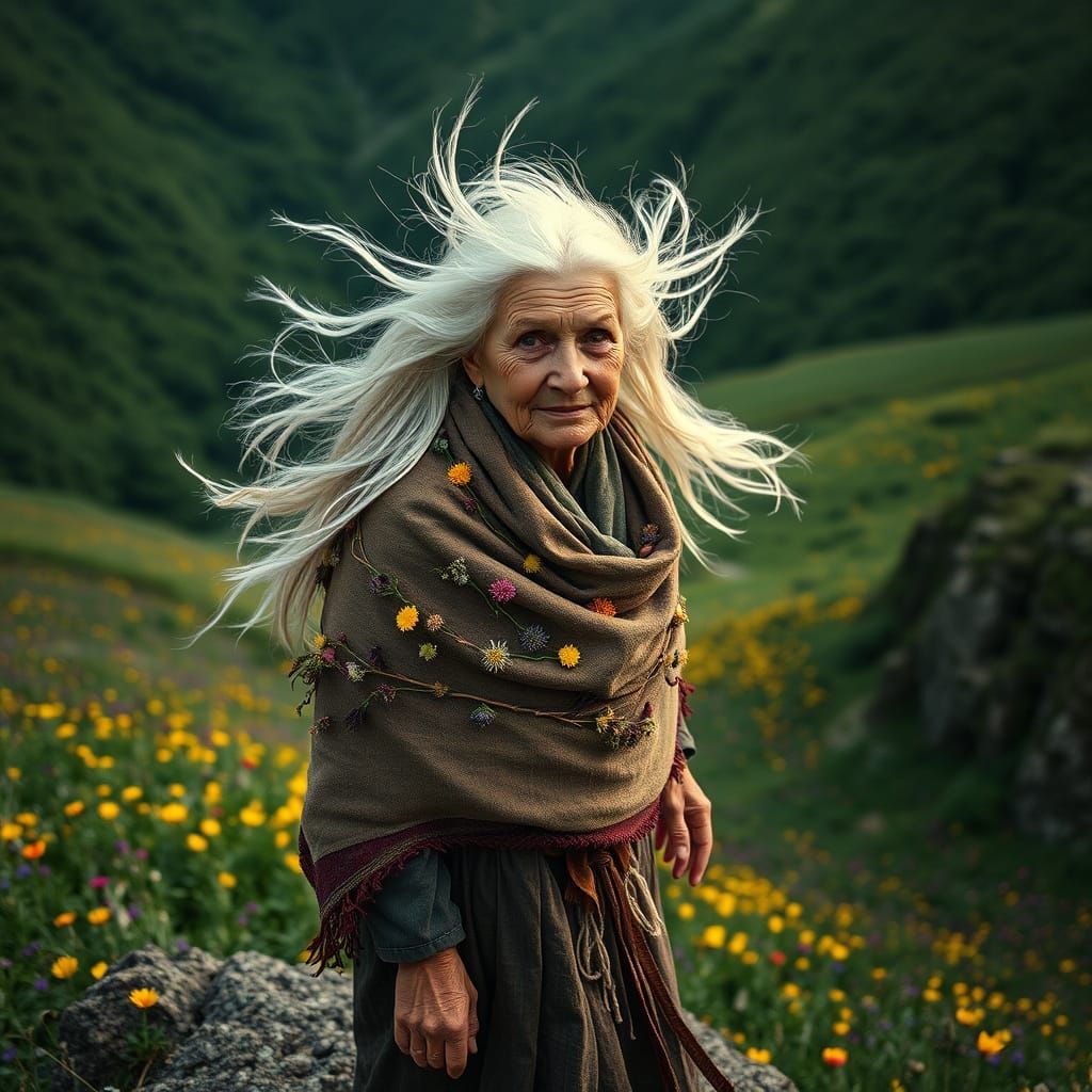 Elderly Guardian Protects Wildflower Valley Cinematic Portra...