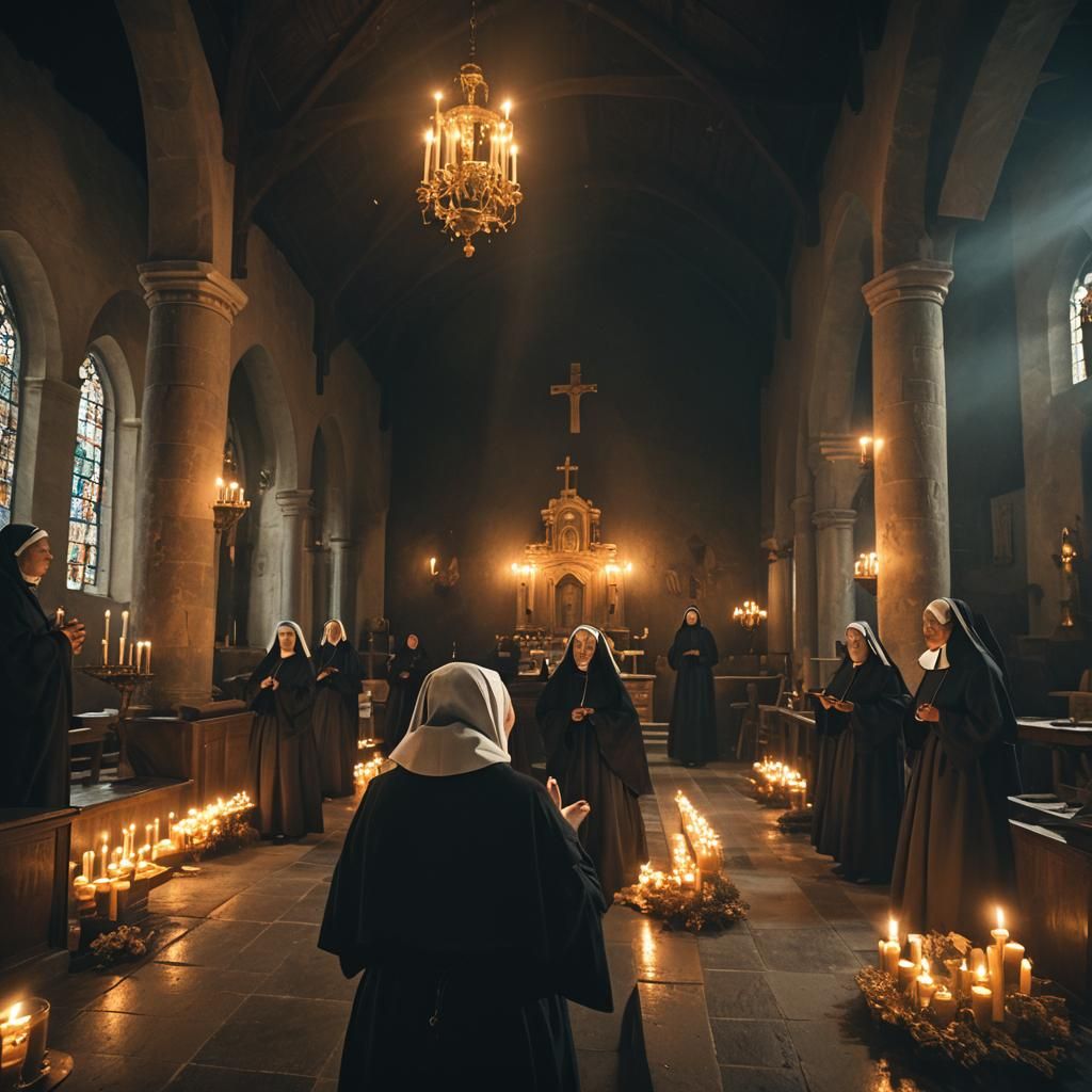 Nuns Worship in Dimly Lit Chapel: Cinematic Film Still