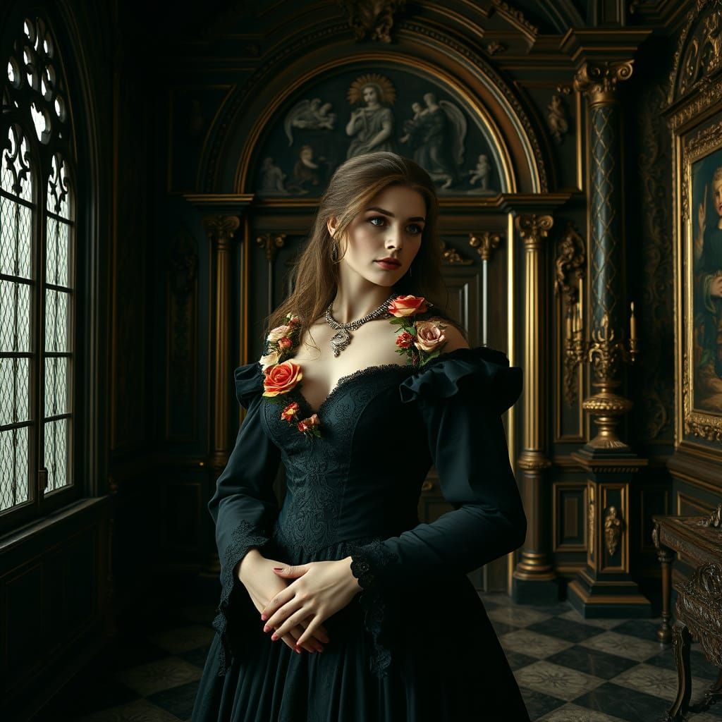 Gothic Woman in Baroque House Interior