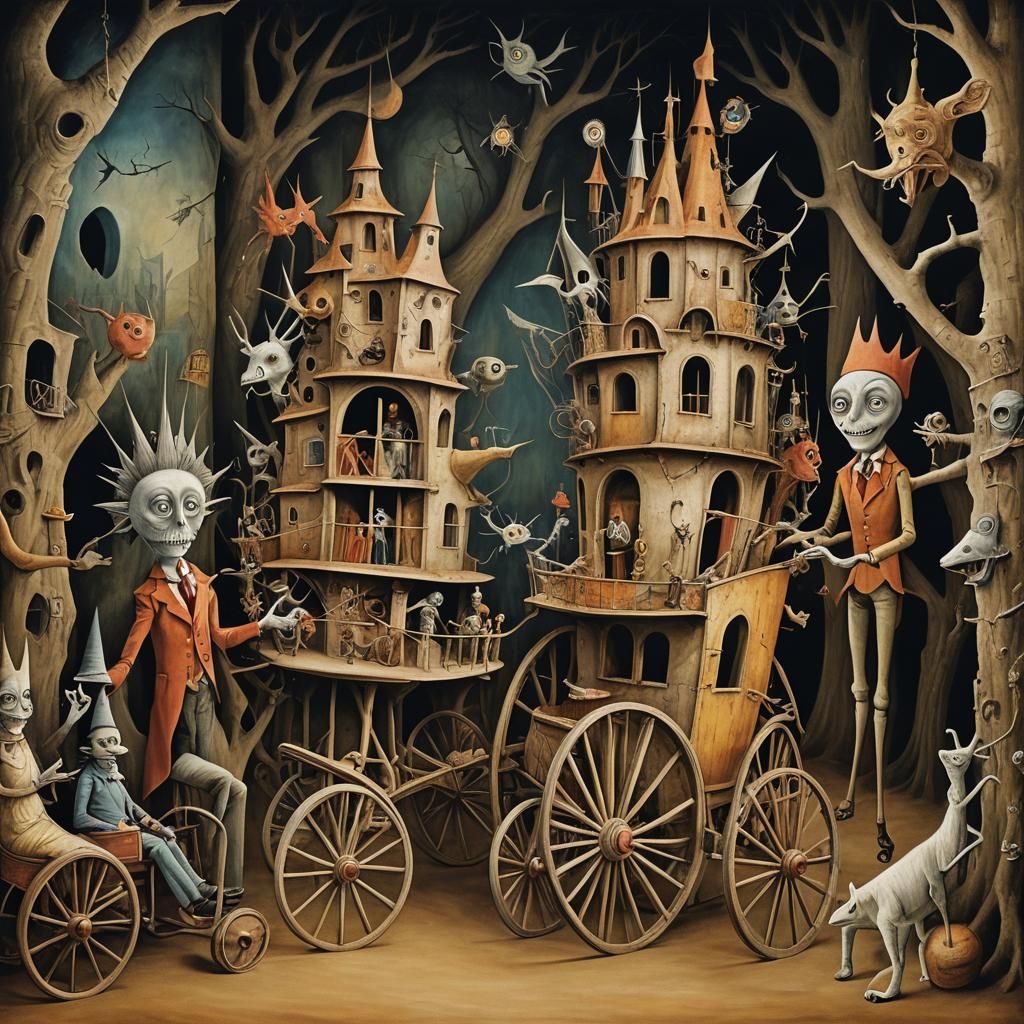 Surreal Creatures on Wheels in Theatrical Setting