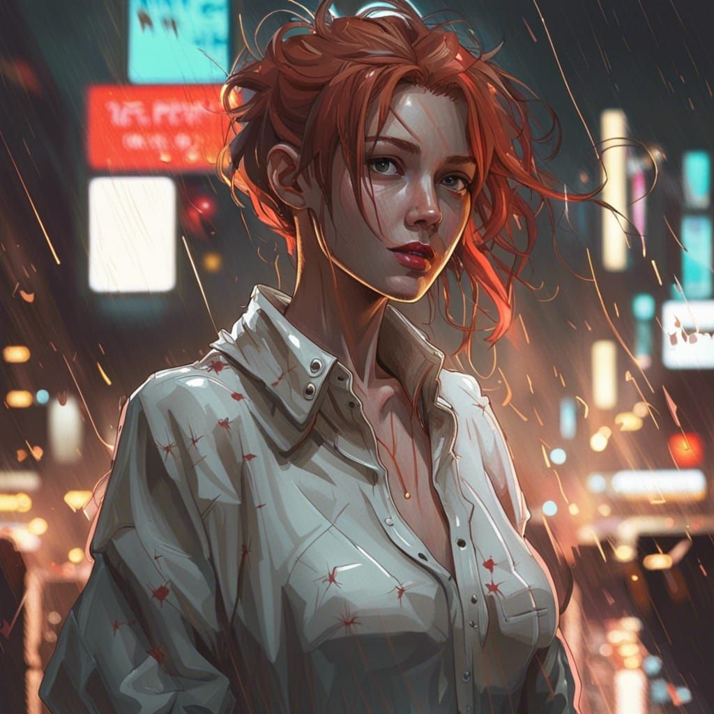 Neon Redhead in Rainy Cityscape, Digital Art
