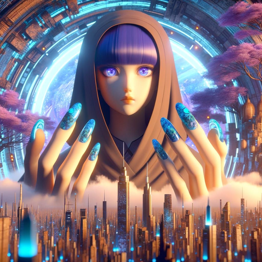 Enormous Girl with Blue Nails in Anime Style