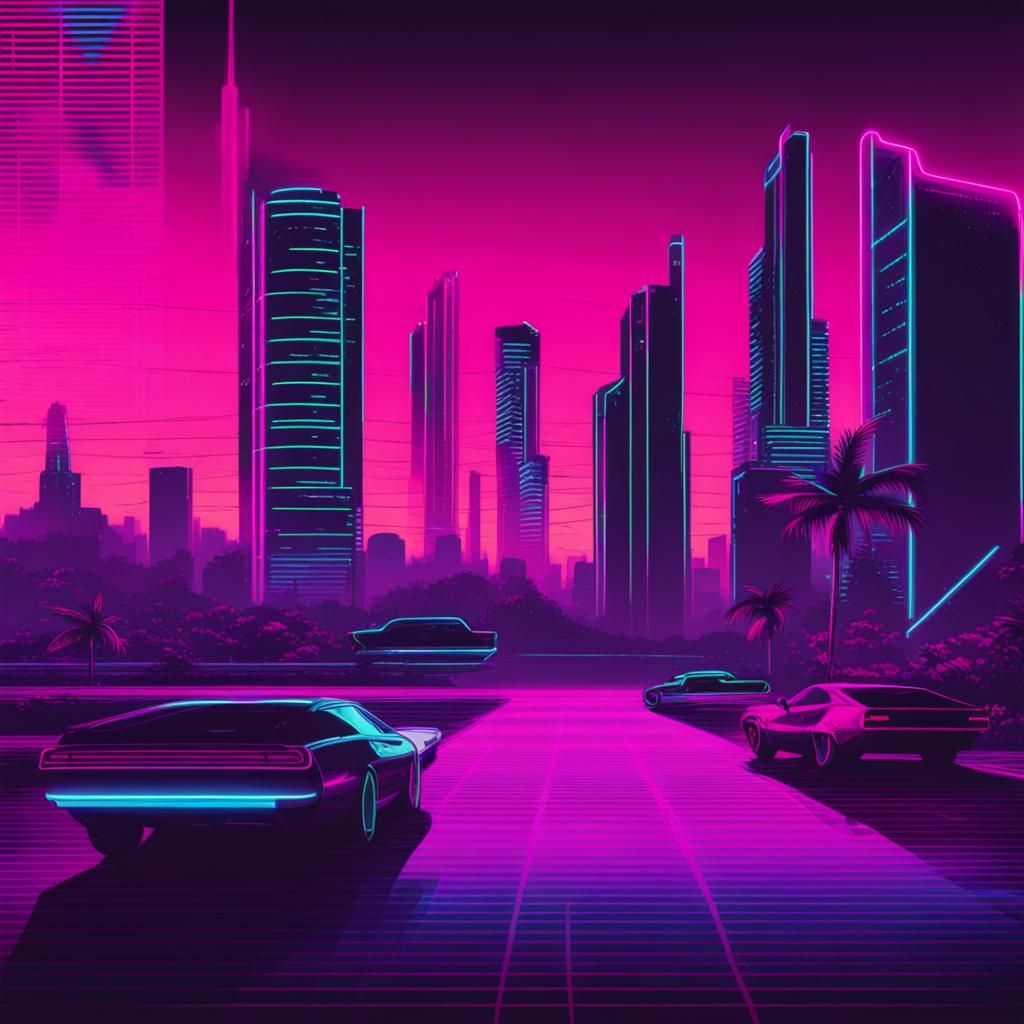 Vibrant Synthwave Scene with Neon Retro Elements
