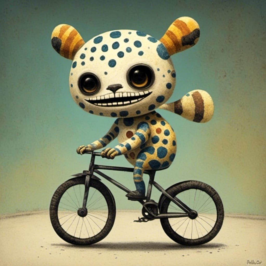 Whimsical Creature on Bike in Dubuffet Style