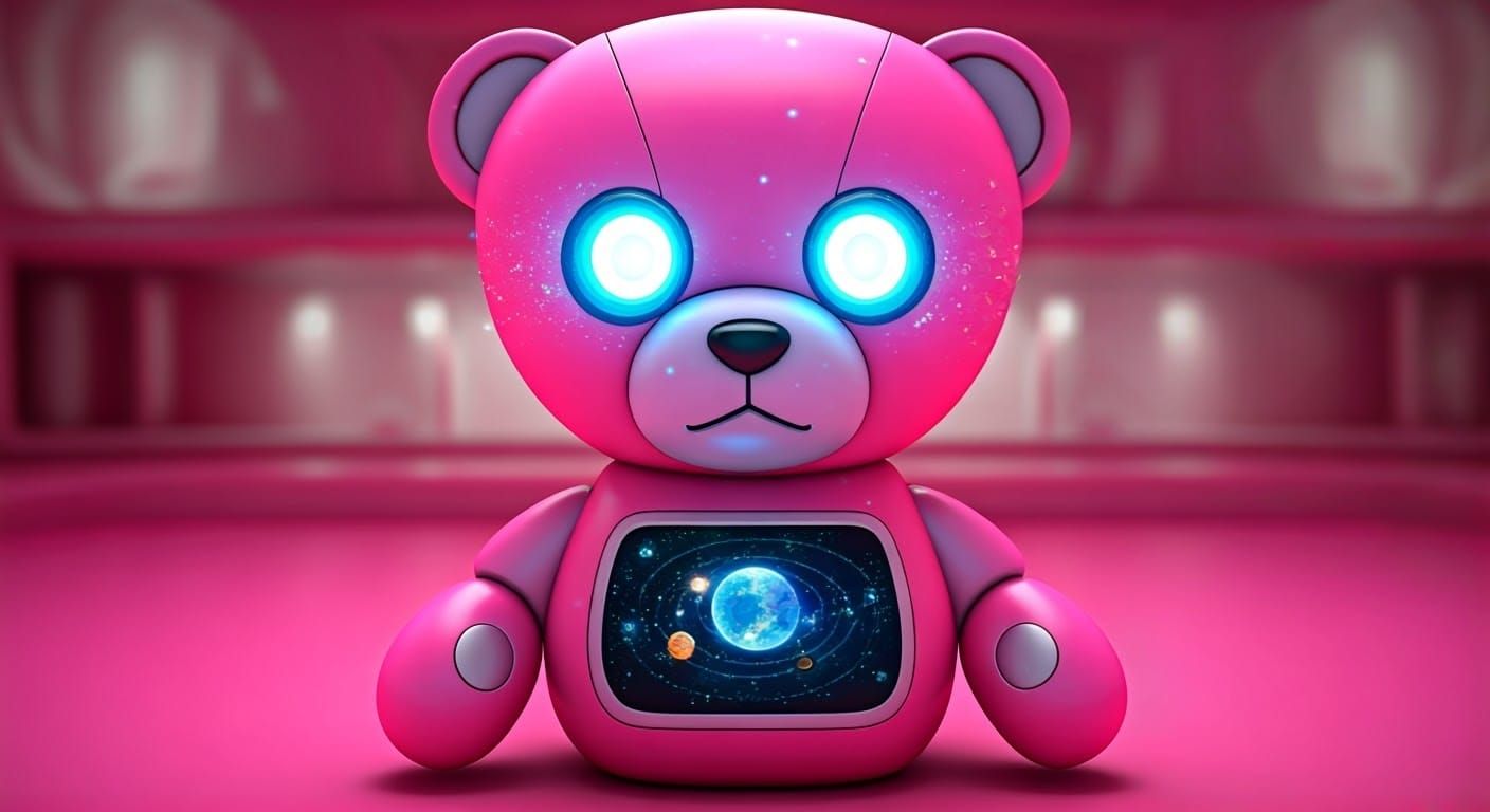 Pink Robotic Teddy Bear Projecting Solar System Hologram