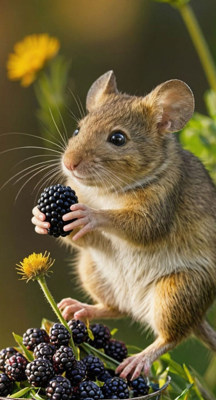 Mouse Balances on Blackberry Stem, Naturalistic Style
