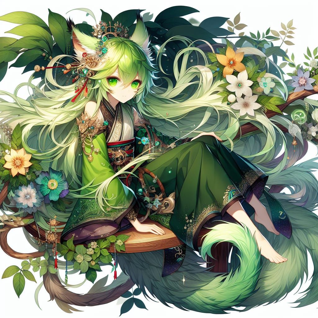 Anime Catgirl Lounging in Tree as Matte Painting