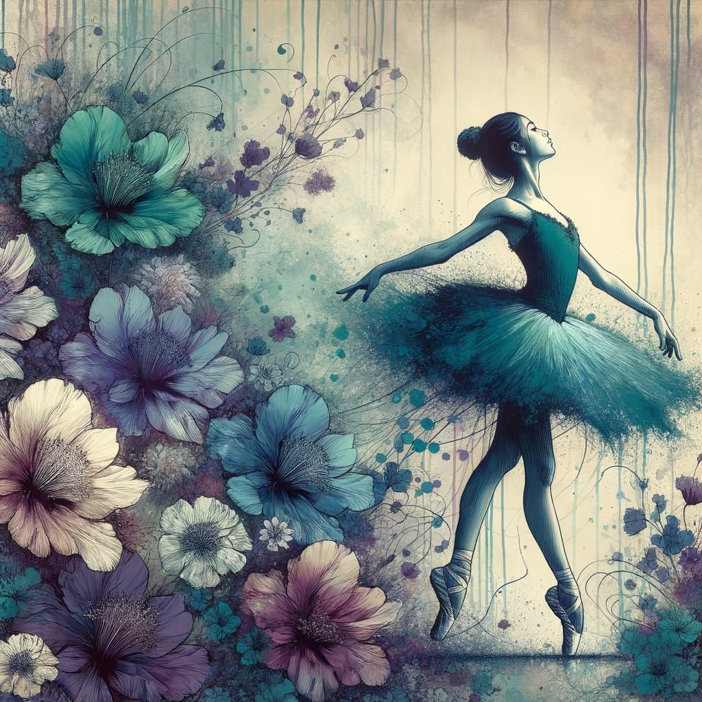 Ballerina Dancing Among Flowers in Ink Splatter Art
